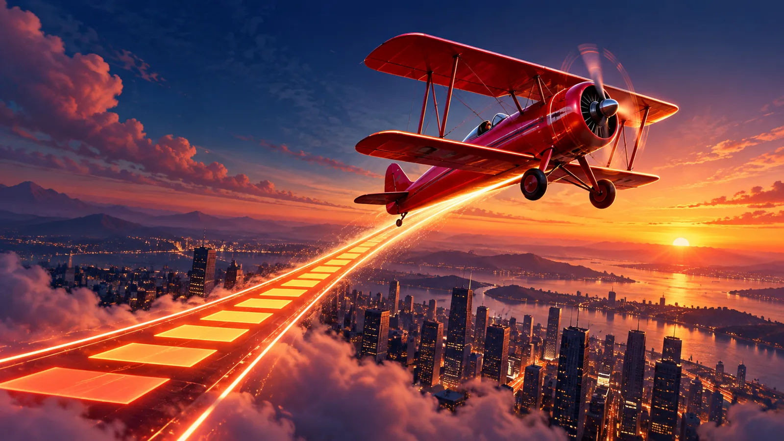 Original red stunt plane climbing above a geometric city runway