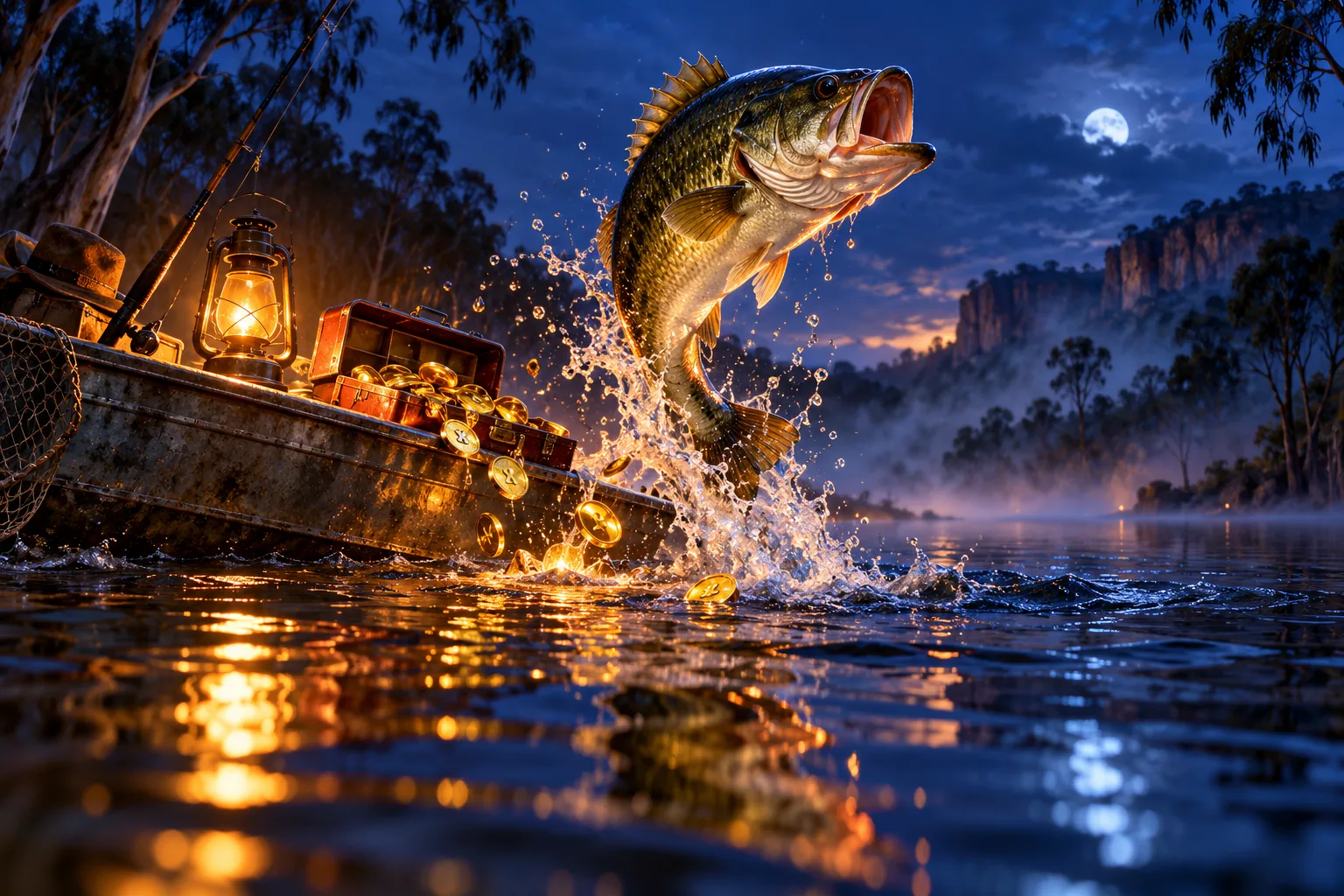 Original night-fishing scene with a jumping bass and glowing tokens