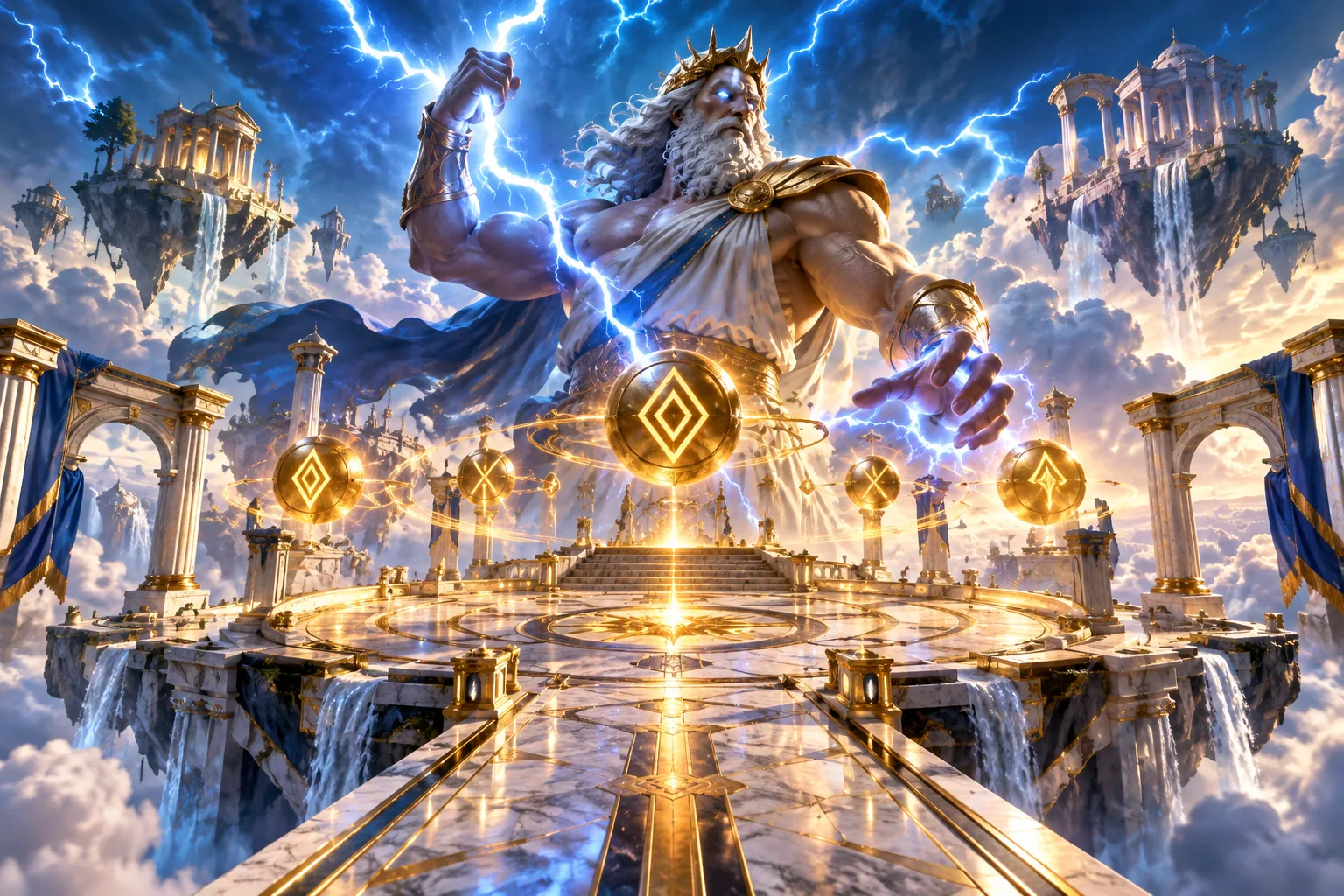 Original thunder deity above a floating marble arena