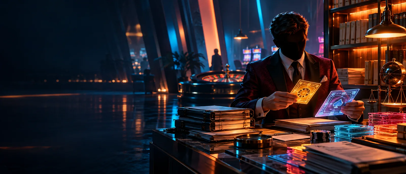 Original neon casino evidence room with a night-shift analyst and glowing game tickets