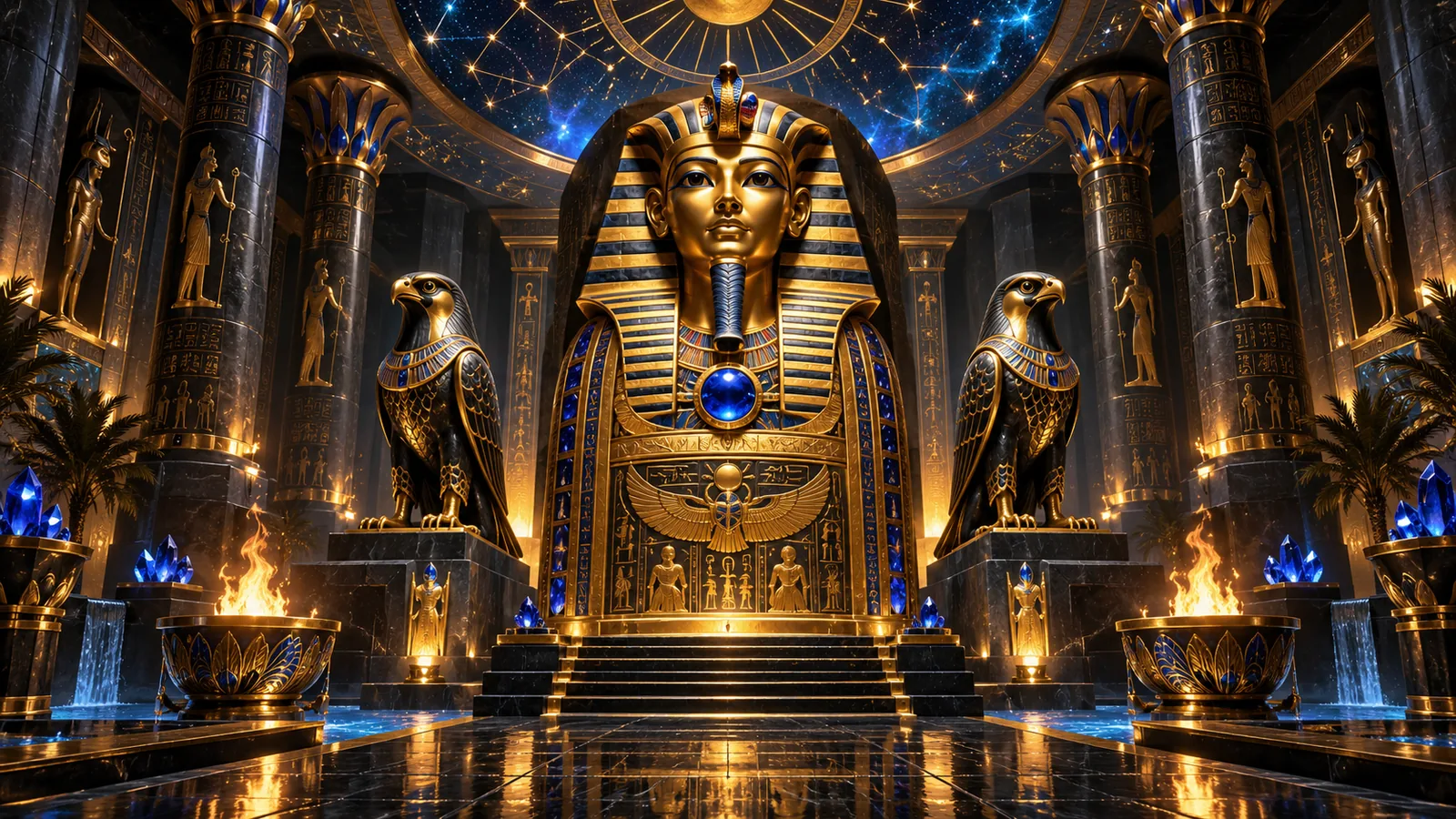 Original black-stone pharaoh chamber with gold and lapis artefacts