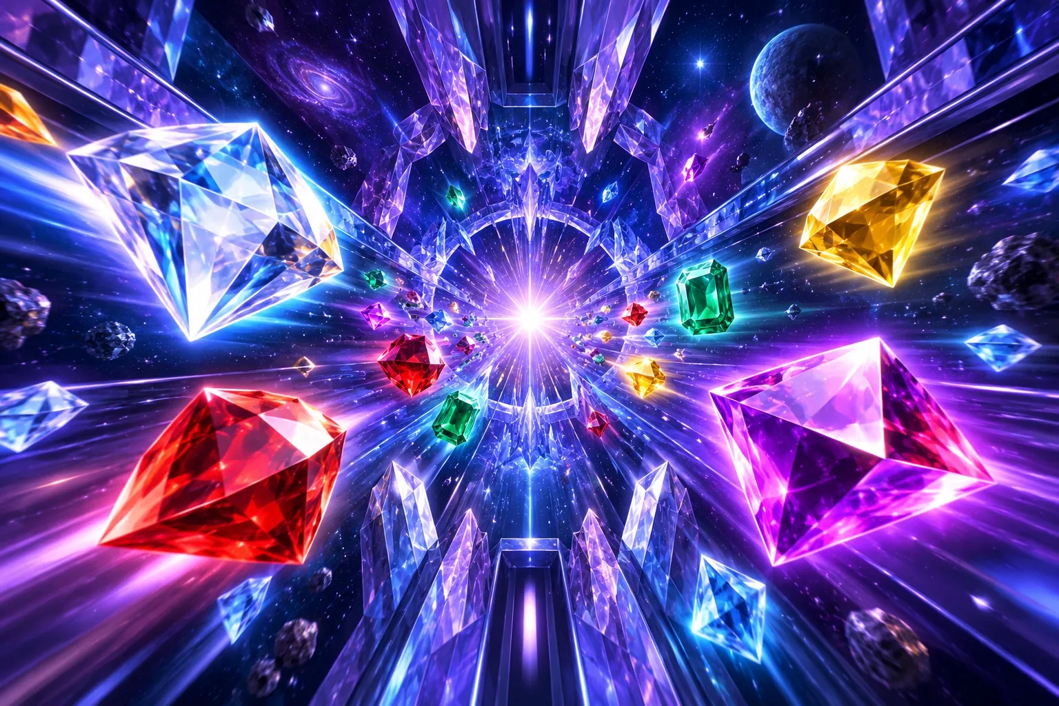Original prismatic jewel tunnel opening into a starburst
