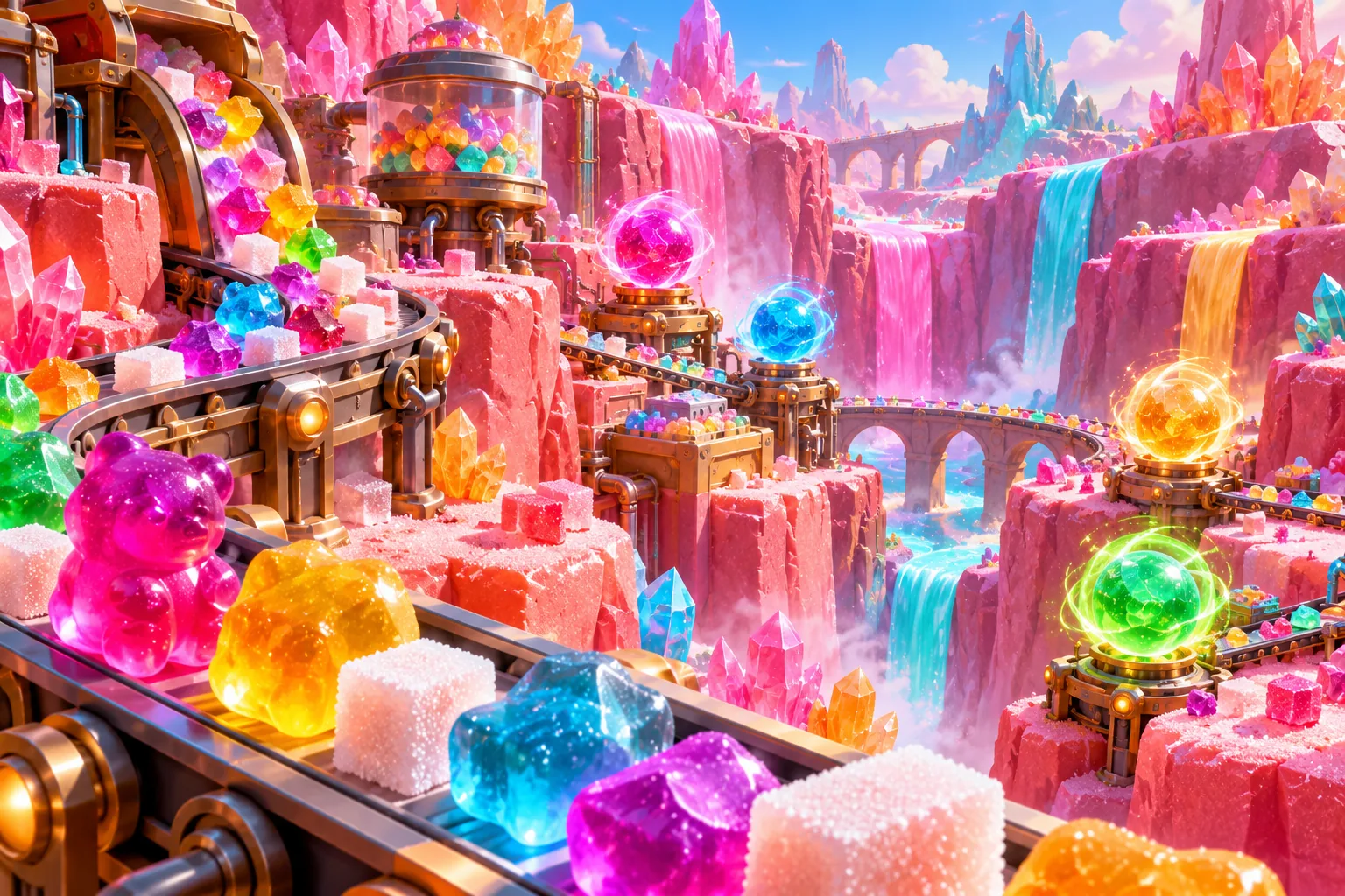 Original neon candy laboratory with crystals and sugar cubes