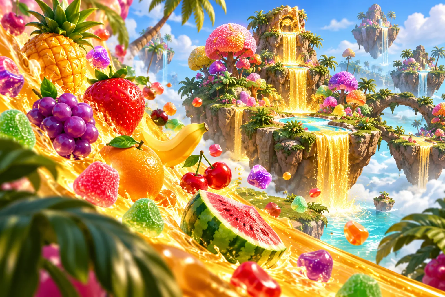 Original tropical confection orchard with giant fruit and sweets