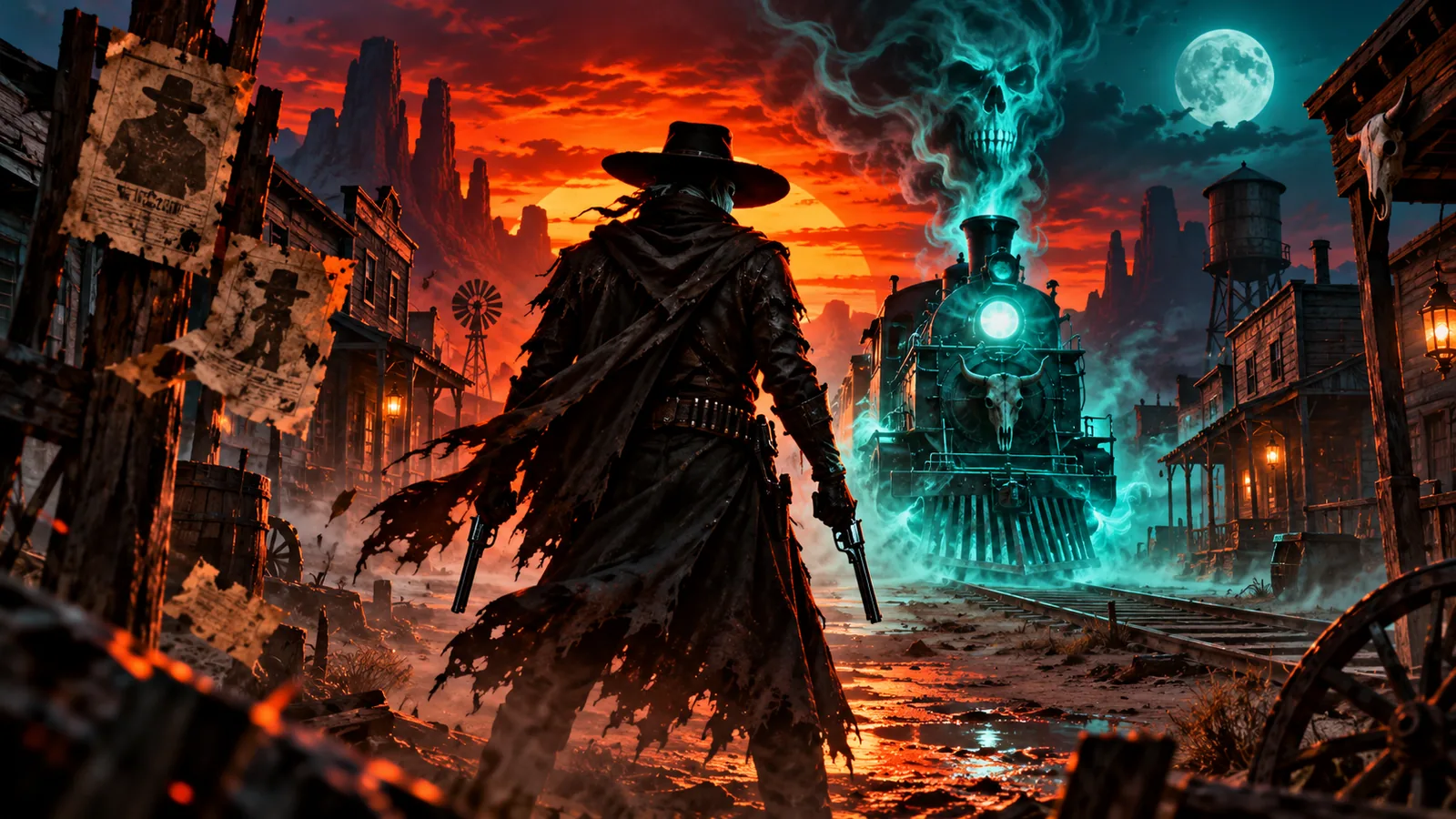 Original spectral western duel in a deserted frontier town
