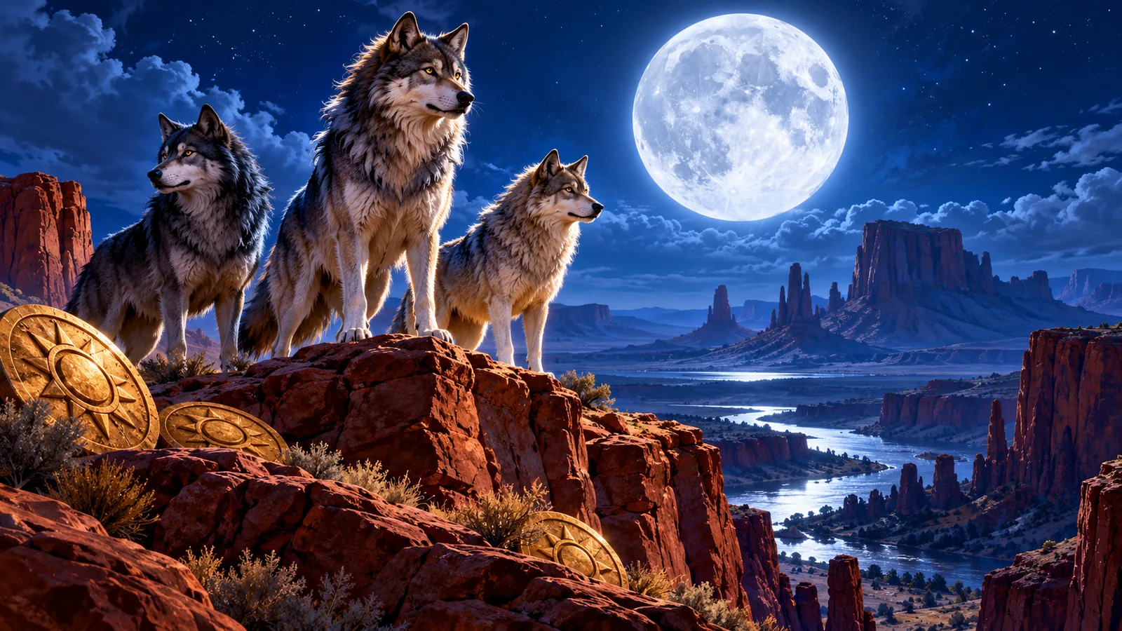 Original guardian wolves overlooking a moonlit red-rock canyon